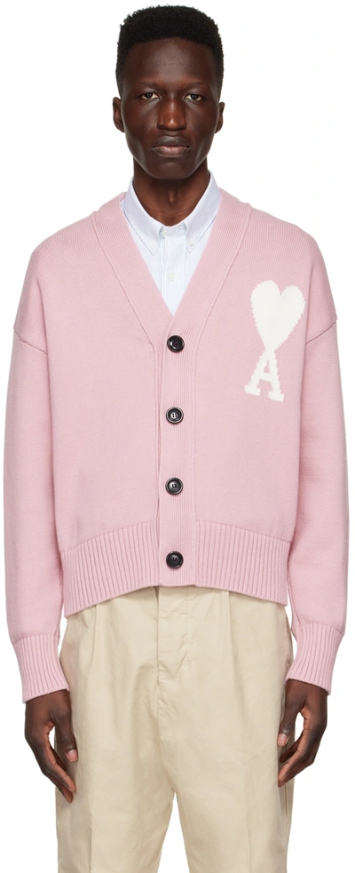Shop Ami Alexandre Mattiussi Pink Ami De Cœur Cardigan In Pale Pink/white/659