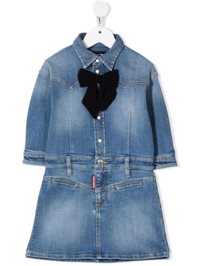 Shop Dsquared2 Kids Short Dress In Blue Denim With Black Bow
