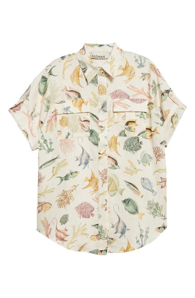 Shop Alemais Wanda Sea Life Organic Linen Button-up Shirt In Ivory