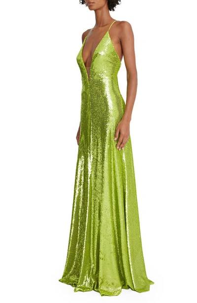 Halston Kiara Sequin Plunge Neck Gown In Neon Green