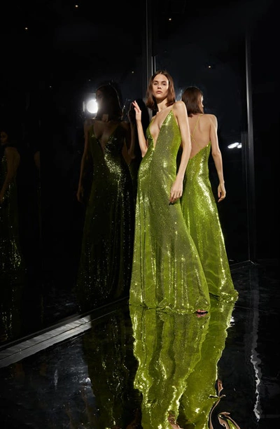 Halston Kiara Sequin Plunge Neck Gown In Neon Green