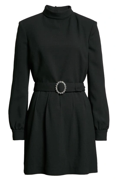 Shop Saint Laurent Mock Neck Belted Long Sleeve Minidress In Noir