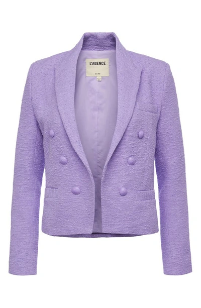 Shop L Agence Brooke Double Breasted Crop Cotton Blend Blazer In Lavender