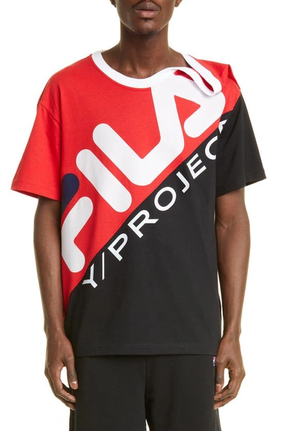 Shop Y/project X Fila Logo Drape Neck Cotton Graphic Tee In Red/ Black