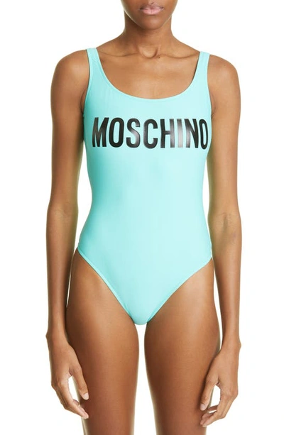 Shop Moschino Logo One-piece Swimsuit In Fantasy Print Light Blue