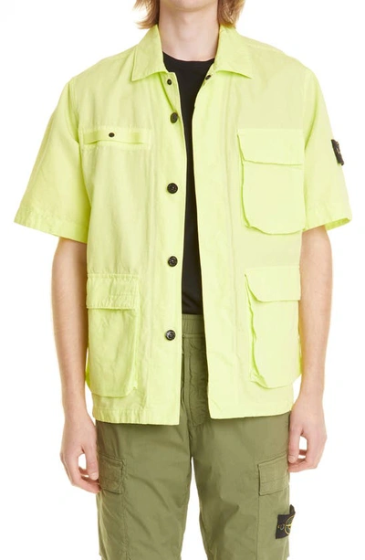 Shop Stone Island Short Sleeve Cotton & Linen Shirt Jacket In Lemon