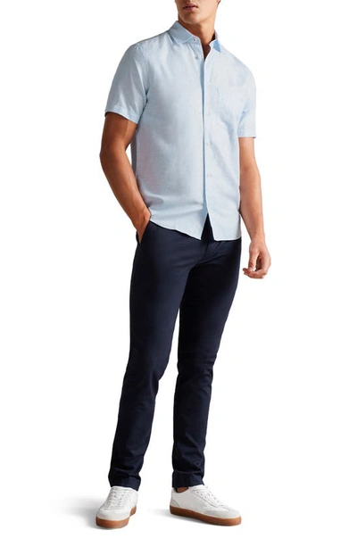 Shop Ted Baker Addle Short Sleeve Linen & Cotton Button-up Shirt In Light Blue