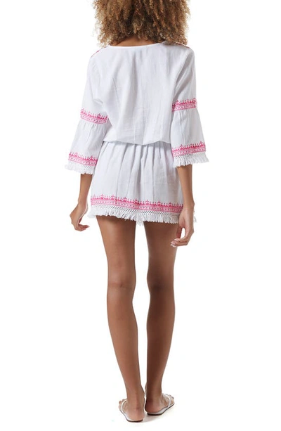 Shop Melissa Odabash Martina Embroidered Lace-up Linen & Cotton Cover-up Dress In White/ Hot Pink