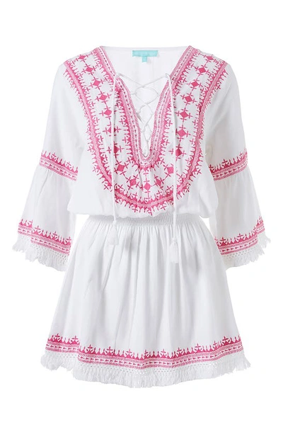 Shop Melissa Odabash Martina Embroidered Lace-up Linen & Cotton Cover-up Dress In White/ Hot Pink