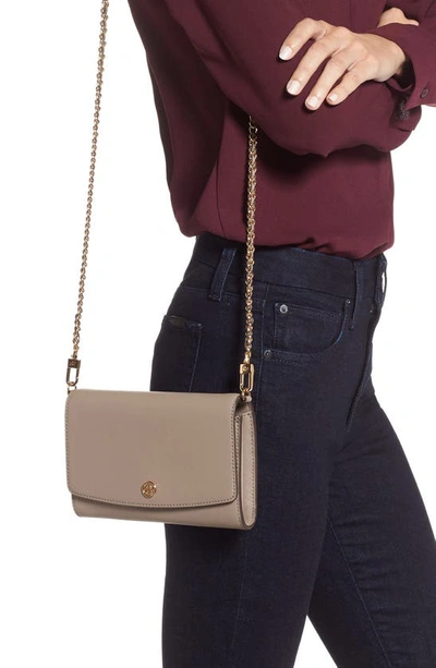 Shop Tory Burch Robinson Leather Wallet On A Chain In Gray Heron