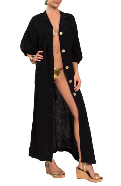 Everyday Ritual Jade Cotton Gauze Button-front Coverup In Black