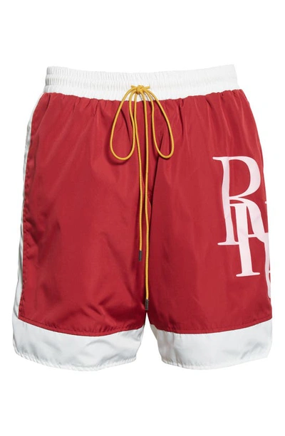 Shop Rhude Side Logo Nylon Shorts In Maroon