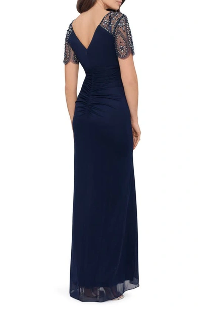 Xscape Beaded Sleeve Ruched Column Gown In Navy