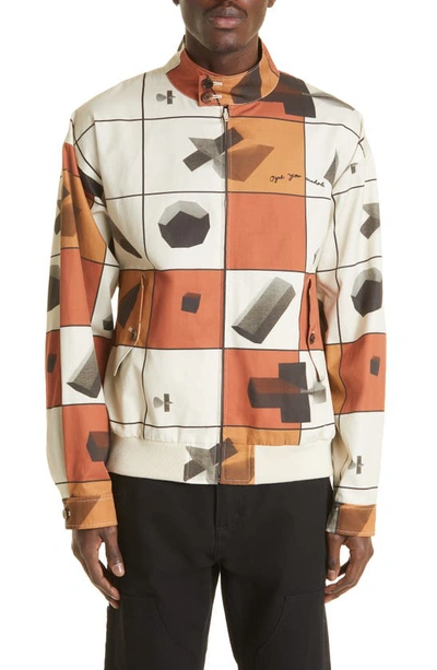 Shop Undercover Graphic Print Cotton Bomber Jacket In Beige Base
