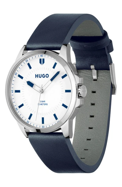 Shop Hugo Boss Hugo First Leather Strap Watch, 43mm In Blue