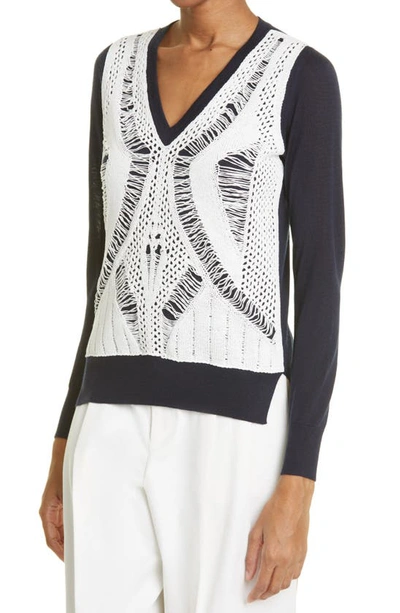 Partow Myla Layered Open-knit Cotton And Merino Wool And Silk-blend Sweater In Navy Ivory