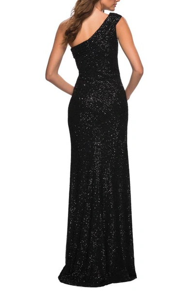 Shop La Femme Sequin One-shoulder Gown In Black