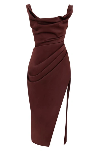 House Of Cb Rhoda Off The Shoulder Corset Midi Dress In Brown Raisin In Raisin