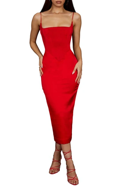 Shop House Of Cb Anais Satin Corset Midi Dress In Scarlet