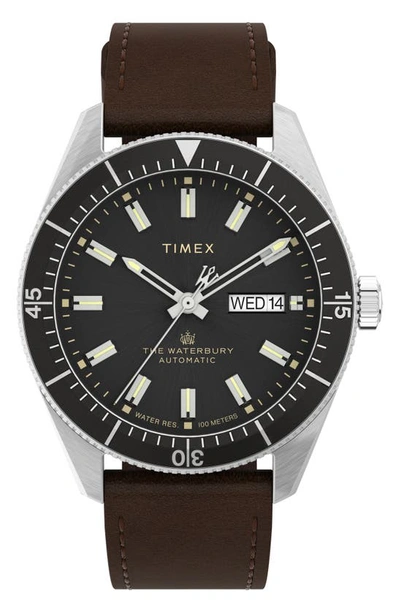 Shop Timex Waterbury Automatic Leather Strap Watch, 40mm In Silver/ Black/ Brown