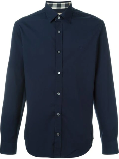 Burberry Check Detail Stretch Cotton Poplin Shirt In Blue