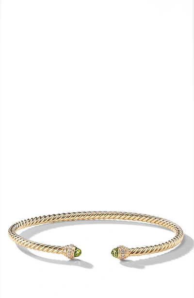 Shop David Yurman Cable Spira Bracelet In Gold/ Diamond/ Peridot