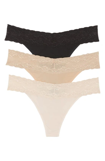 Shop Natori Bliss 3-pack Perfection Lace Trim Thongs In Cameo Rose/ Black/ Caf
