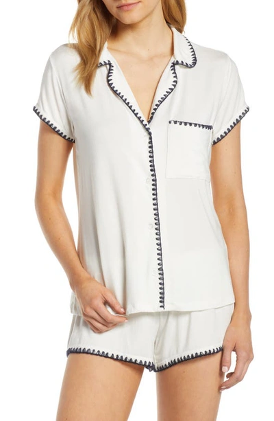 Shop Eberjey Frida Whipstitch Jersey Knit Short Pajamas In Ivory/ Navy