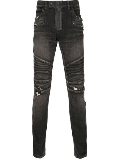 Balmain 17cm 551 Biker Cotton Denim Jeans, Black In Black