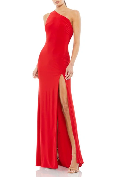Shop Mac Duggal One-shoulder Jersey Body-con Gown In Red