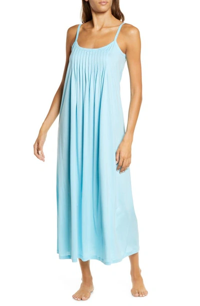 Shop Hanro Juliet Pleat Neck Cotton Nightgown In Soft Cyan