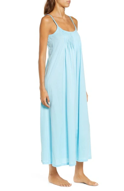 Shop Hanro Juliet Pleat Neck Cotton Nightgown In Soft Cyan