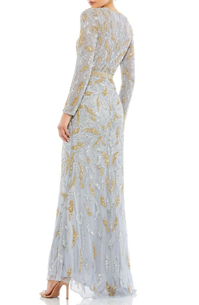 Shop Mac Duggal Beaded Long Sleeve Gown In Platinum Gold