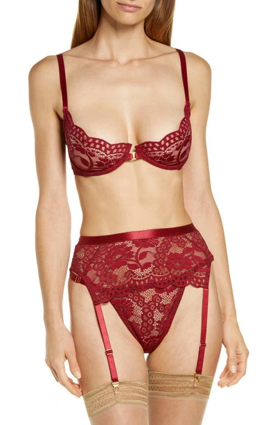 Shop Coquette Underwire Bra, Garter Belt & Thong Set In Ruby