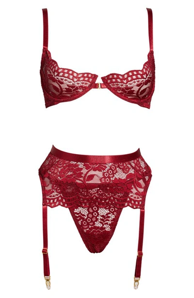 Coquette Underwire Bra, Garter Belt & Thong Set In Ruby
