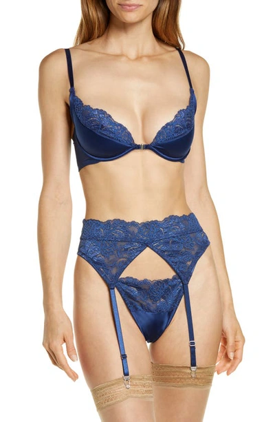 Shop Coquette Underwire Bra, Garter Belt & Thong Set In Navy