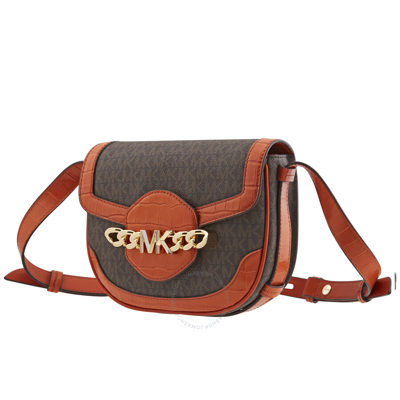 Shop Michael Kors Hally Signature Logo-print Saddle Crossbody Bag In Orange