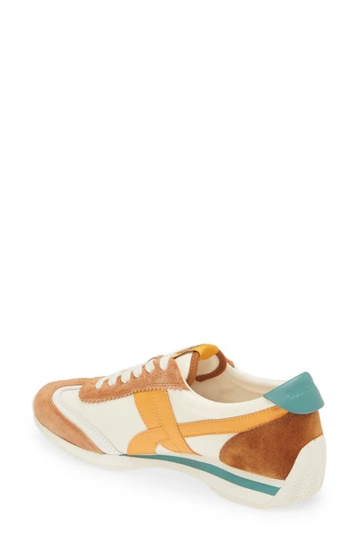 Tory Burch Hank Mixed Leather Retro Sneakers In New Ivory/ Orange/ Bright Lago