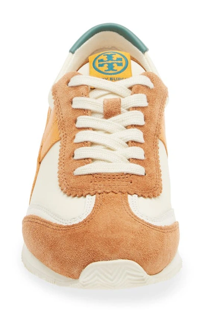 Tory Burch Hank Mixed Leather Retro Sneakers In New Ivory/ Orange/ Bright Lago