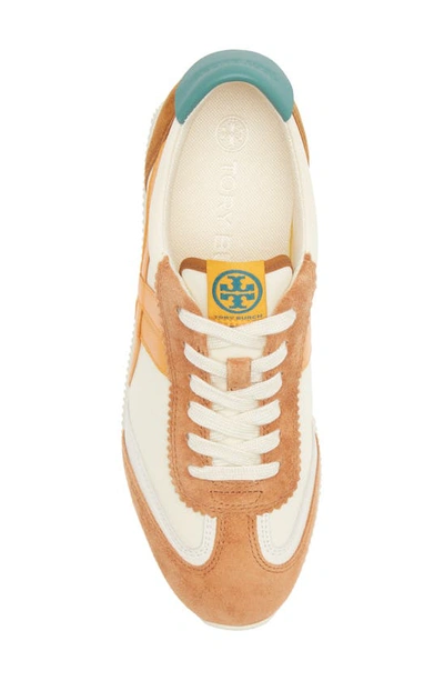 Tory Burch Hank Mixed Leather Retro Sneakers In New Ivory/ Orange/ Bright Lago