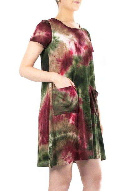 Nina Leonard Scoop Neck Tie-dye Print Dress In Olive Mult