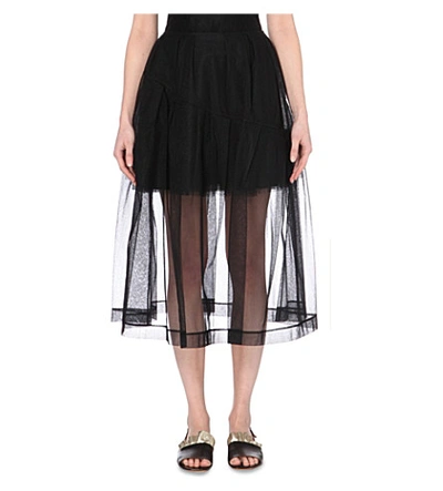 Simone Rocha Feather-trimmed Mesh Skirt In Black