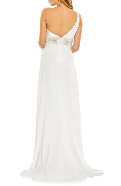 Shop Mac Duggal Pleated One-shoulder Satin Gown In White