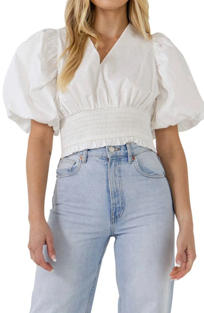 Endless Rose Smocked Waist Cotton Blouse In White