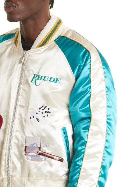 Shop Rhude Embroidered Satin Smoking Jacket In White