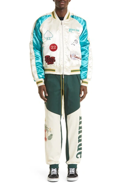 Shop Rhude Embroidered Satin Smoking Jacket In White