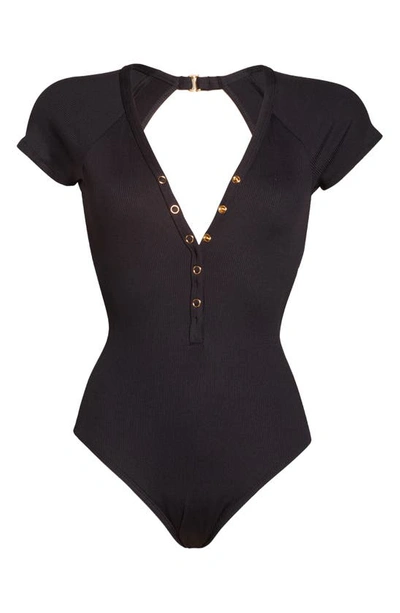 Shop Robin Piccone Amy Plunge Neck Cap Sleeve One-piece Swimsuit In Licorice