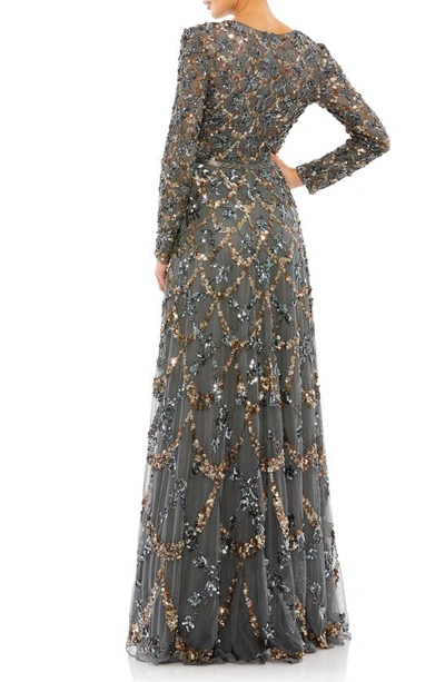 Shop Mac Duggal Beaded Long Sleeve A-line Gown In Charcoal