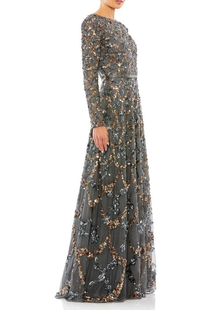 Shop Mac Duggal Beaded Long Sleeve A-line Gown In Charcoal