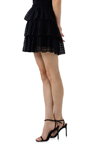 English Factory Gingham Tiered Chiffon Miniskirt In Black
